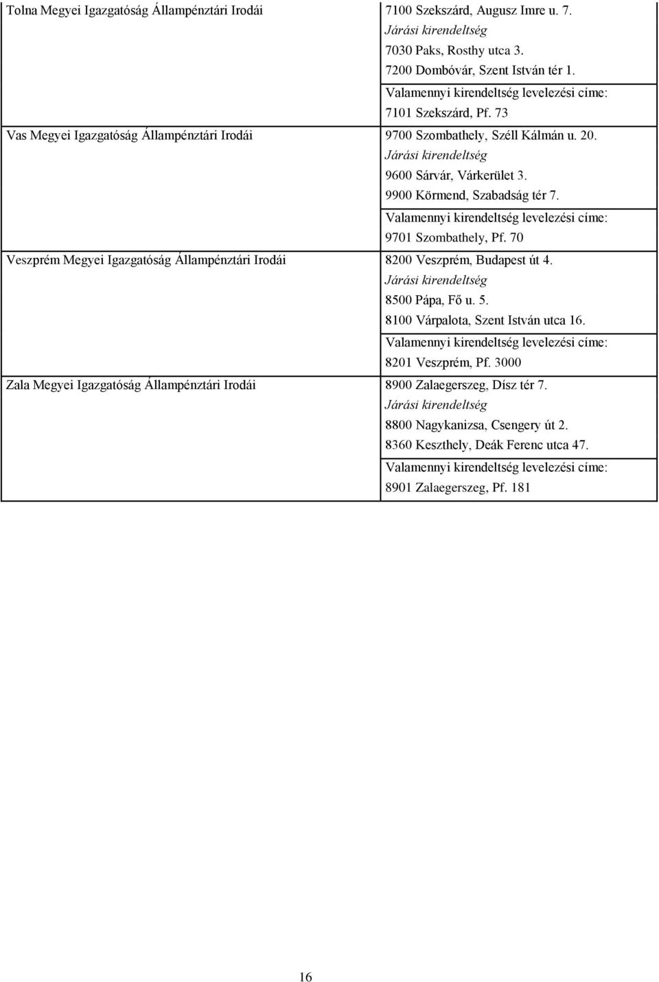 70 Veszprém Megyei Igazgatóság Állampénztári Irodái 8200 Veszprém, Budapest út 4. 8500 Pápa, Fő u. 5. 8100 Várpalota, Szent István utca 16. 8201 Veszprém, Pf.