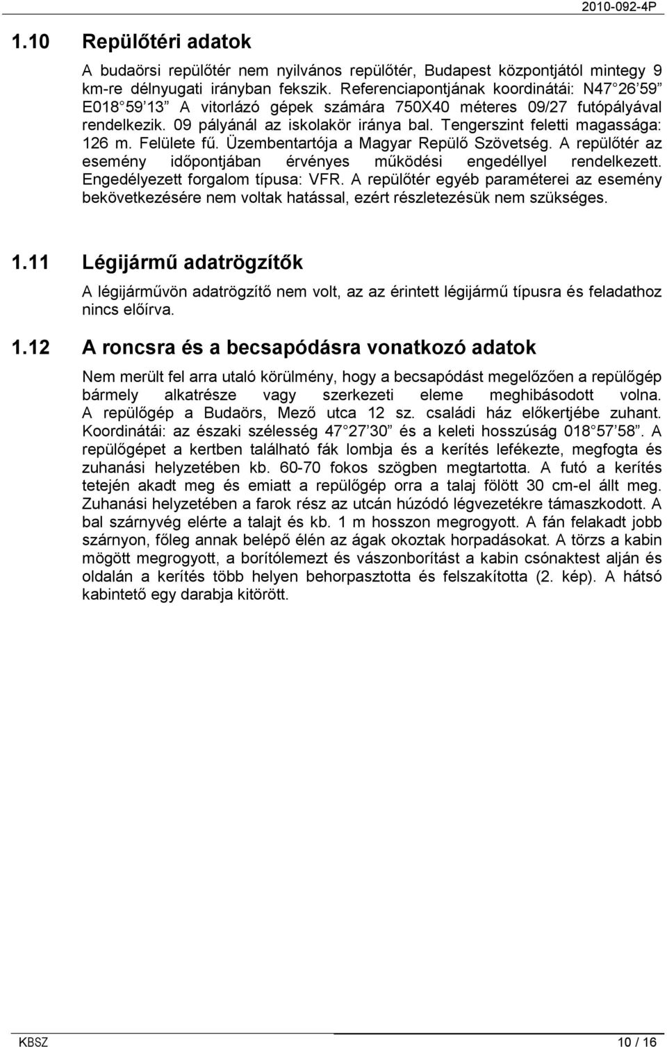 Tengerszint feletti magassága: 126 m. Felülete fű. Üzembentartója a Magyar Repülő Szövetség. A repülőtér az esemény időpontjában érvényes működési engedéllyel rendelkezett.