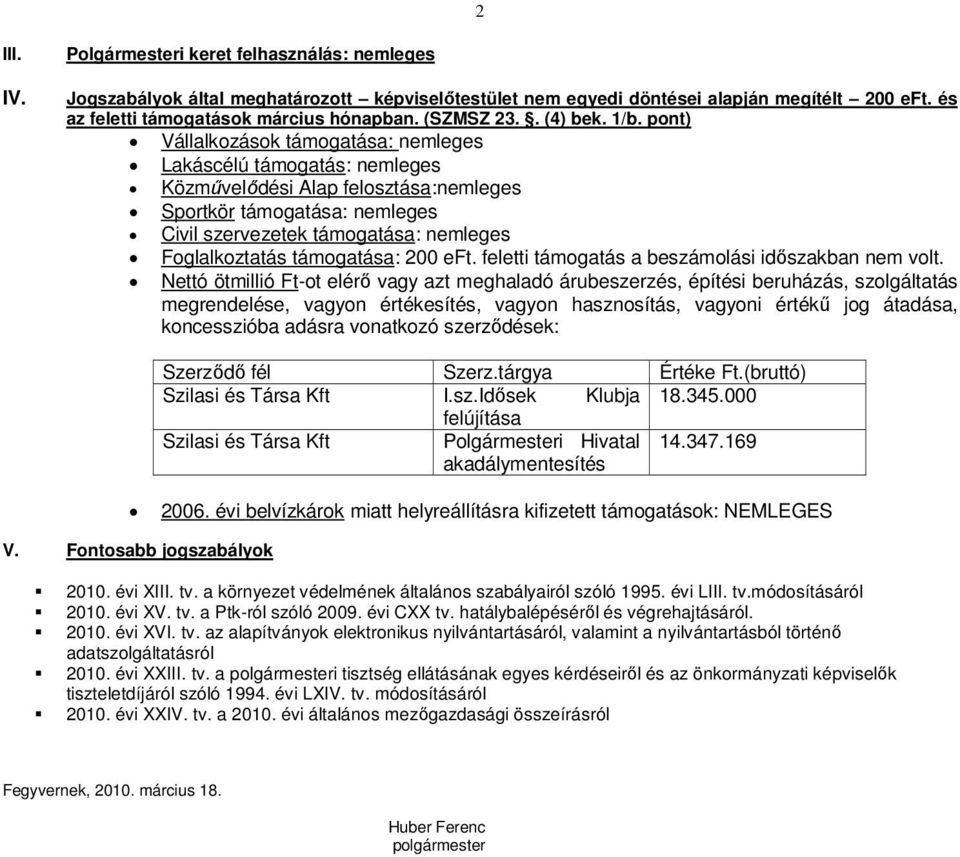 pont) Vállalkozások támogatása: nemleges Lakáscélú támogatás: nemleges Közművelődési Alap felosztása:nemleges Sportkör támogatása: nemleges Civil szervezetek támogatása: nemleges Foglalkoztatás