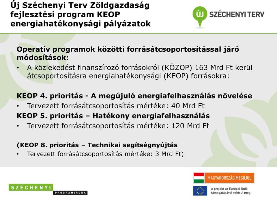 prioritás - A megújuló energiafelhasználás növelése Tervezett forrásátcsoportosítás mértéke: 40 Mrd Ft KEOP 5.