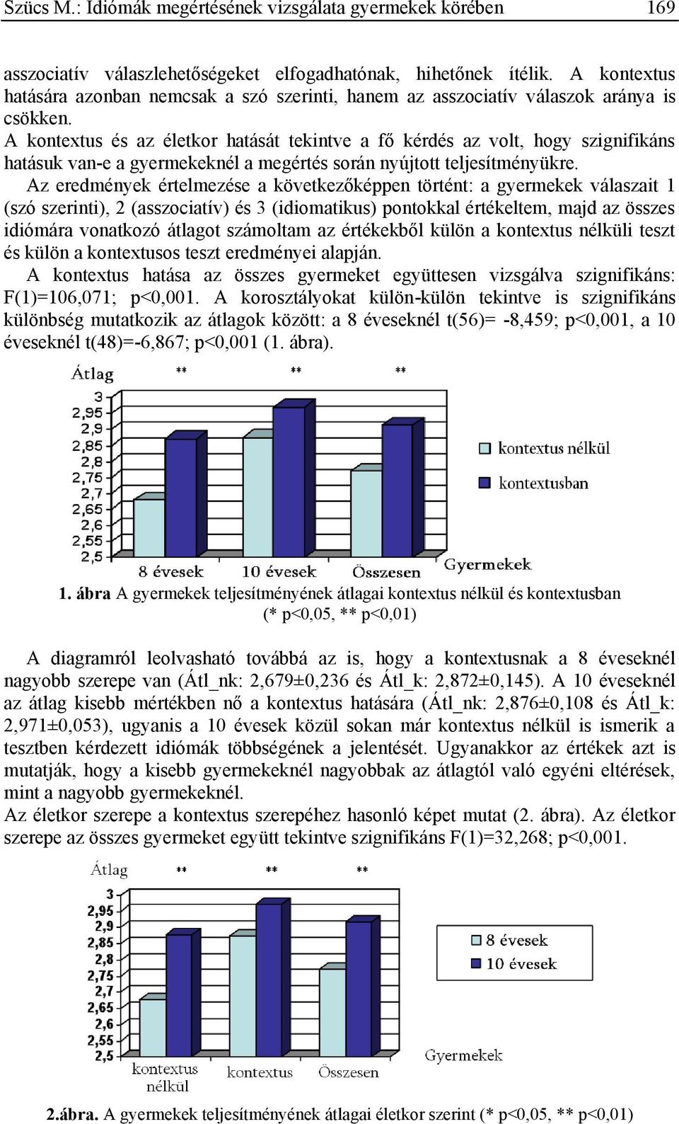 A kontextus és az életkor hatását tekintve a fő kérdés az volt, hogy szignifikáns hatásuk van-e a gyermekeknél a megértés során nyújtott teljesítményükre.