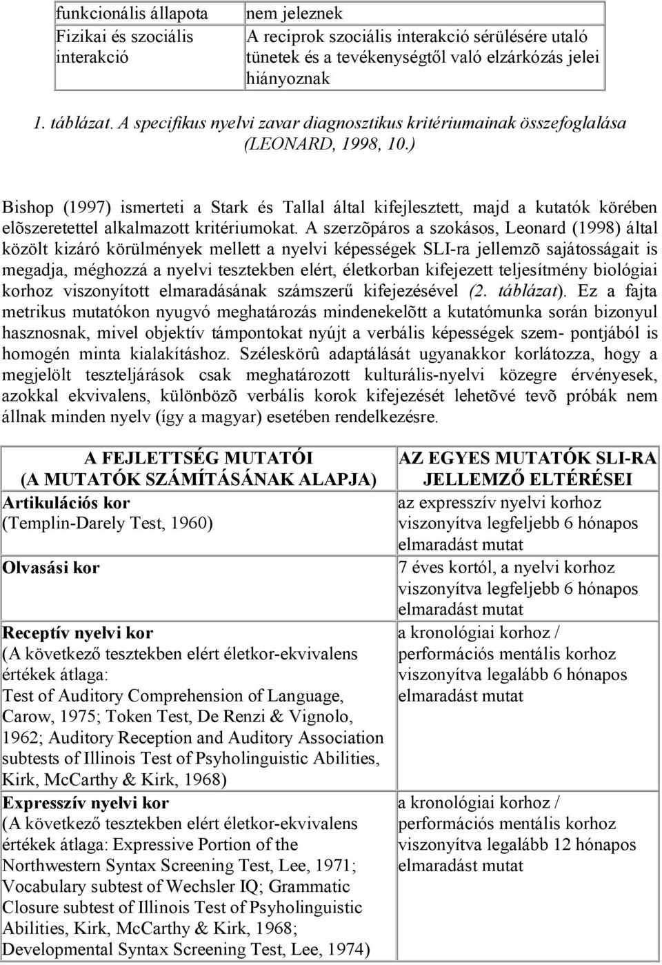 ) Bishop (1997) ismerteti a Stark és Tallal által kifejlesztett, majd a kutatók körében elõszeretettel alkalmazott kritériumokat.