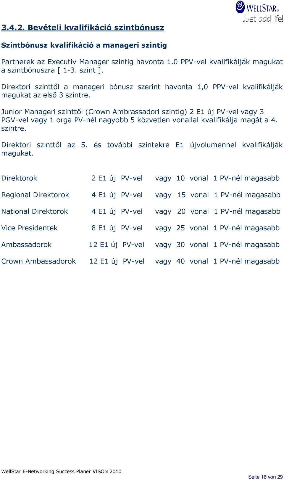 Junior Manageri szinttıl (Crown Ambrassadori szintig) 2 E1 új PV-vel vagy 3 PGV-vel vagy 1 orga PV-nél nagyobb 5 közvetlen vonallal kvalifikálja magát a 4. szintre. Direktori szinttıl az 5.