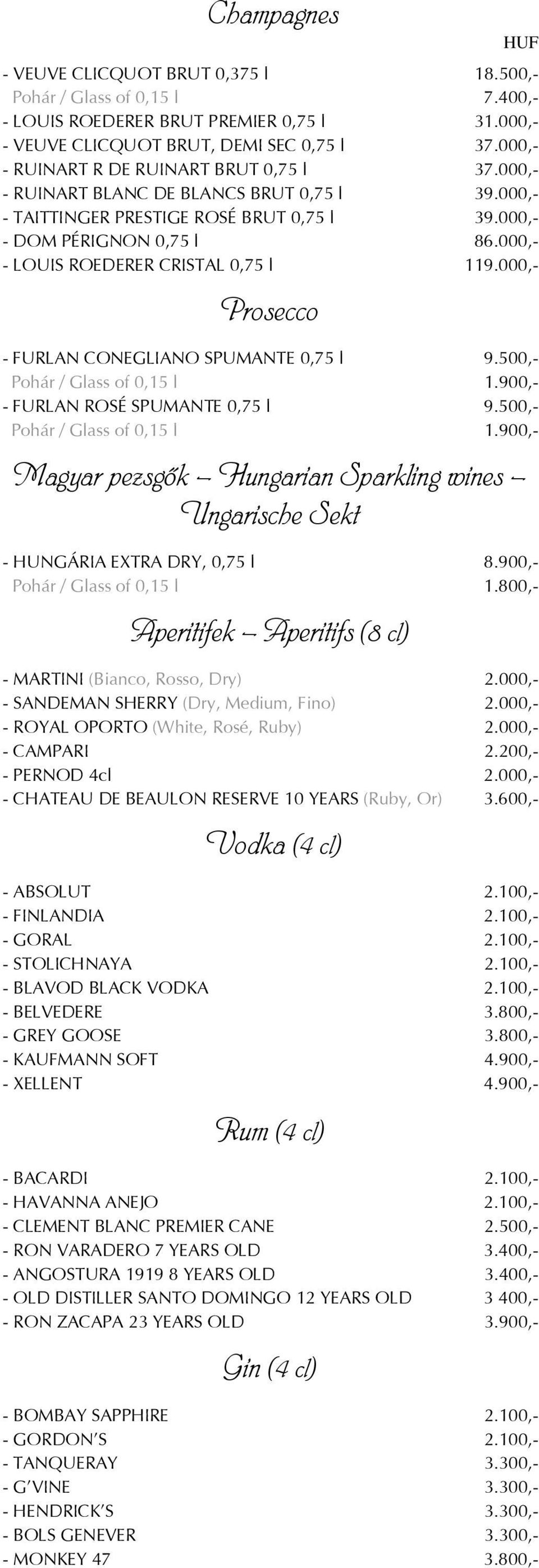 000,- - LOUIS ROEDERER CRISTAL 0,75 l 119.000,- Prosecco - FURLAN CONEGLIANO SPUMANTE 0,75 l 9.500,- Pohár / Glass of 0,15 l 1.