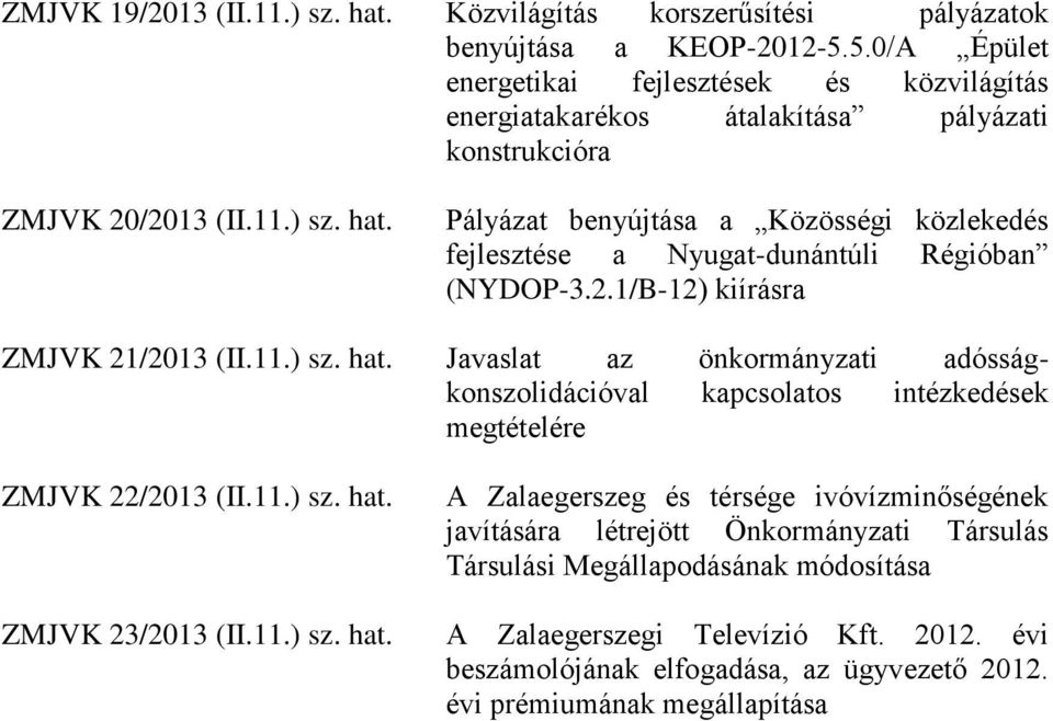 Pályázat benyújtása a Közösségi közlekedés fejlesztése a Nyugat-dunántúli Régióban (NYDOP-3.2.1/B-12) kiírásra ZMJVK 21/2013 (II.11.) sz. hat.