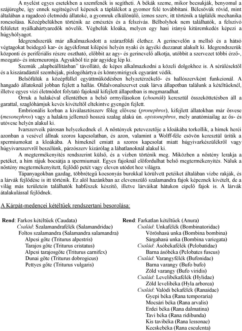 Bélbolyhok nem találhatók, a felszívó felületet nyálkahártyaredők növelik. Végbelük kloáka, melyen egy hasi irányú kitüremkedés képezi a húgyhólyagot.