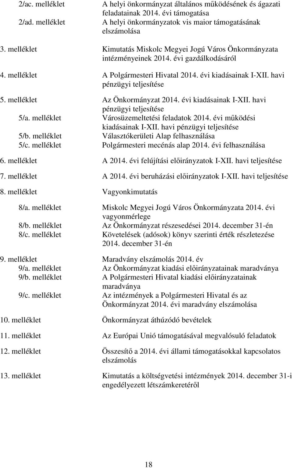 melléklet Az Önkormányzat 2014. évi kiadásainak I-XII. havi pénzügyi teljesítése 5/a. melléklet Városüzemeltetési feladatok 2014. évi működési kiadásainak I-XII. havi pénzügyi teljesítése 5/b.