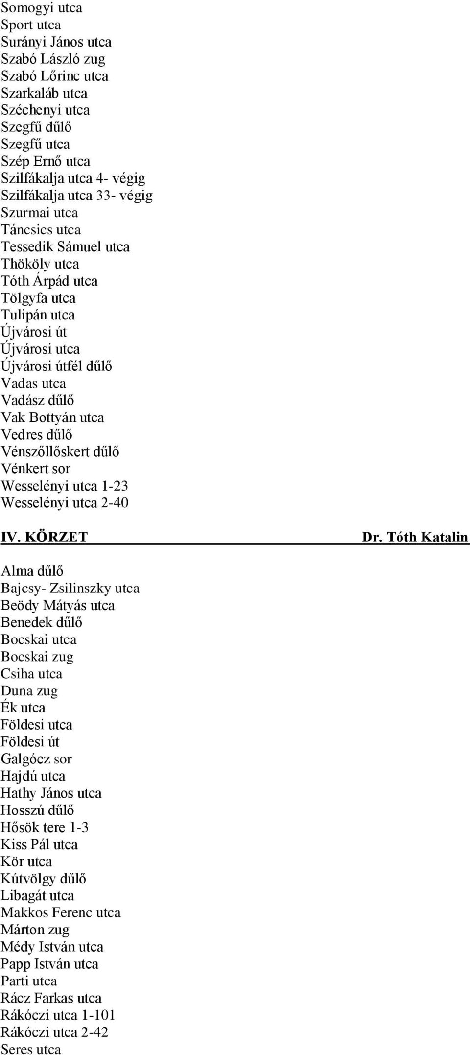 dűlő Vénszőllőskert dűlő Vénkert sor Wesselényi utca 1-23 Wesselényi utca 2-40 IV. KÖRZET Dr.