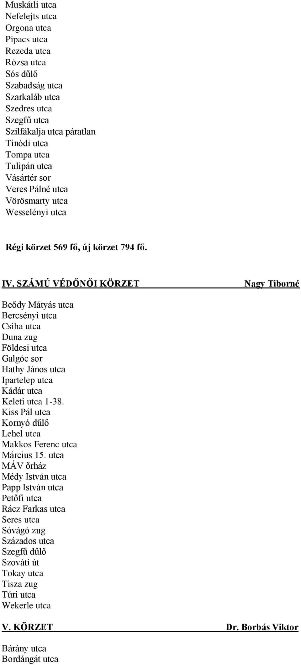 SZÁMÚ VÉDŐNŐI KÖRZET Nagy Tiborné Beődy Mátyás utca Bercsényi utca Csiha utca Duna zug Földesi utca Galgóc sor Hathy János utca Ipartelep utca Kádár utca Keleti utca 1-38.