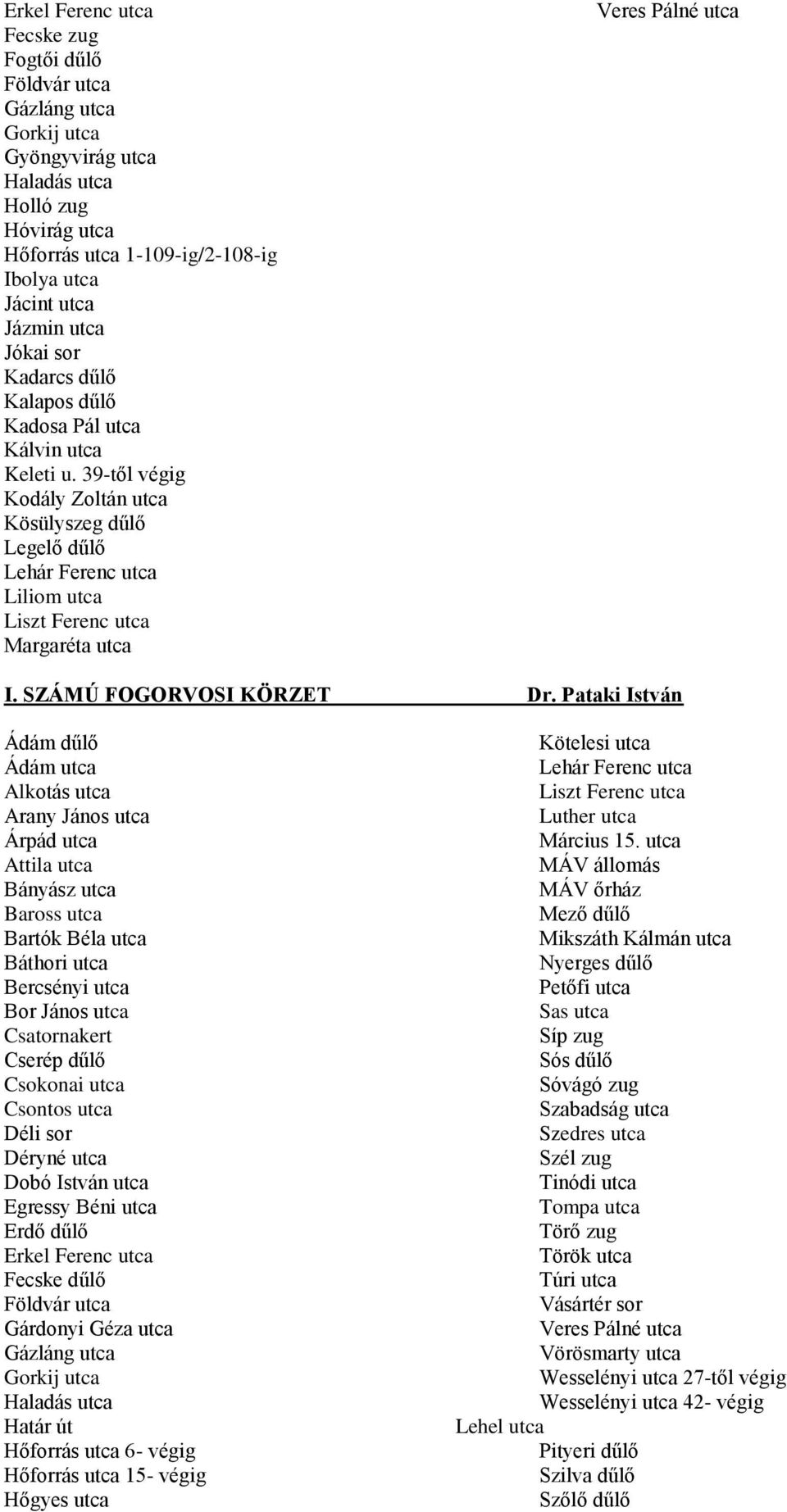 39-től végig Kodály Zoltán utca Kösülyszeg dűlő Legelő dűlő Lehár Ferenc utca Liliom utca Liszt Ferenc utca Margaréta utca Veres Pálné utca I. SZÁMÚ FOGORVOSI KÖRZET Dr.