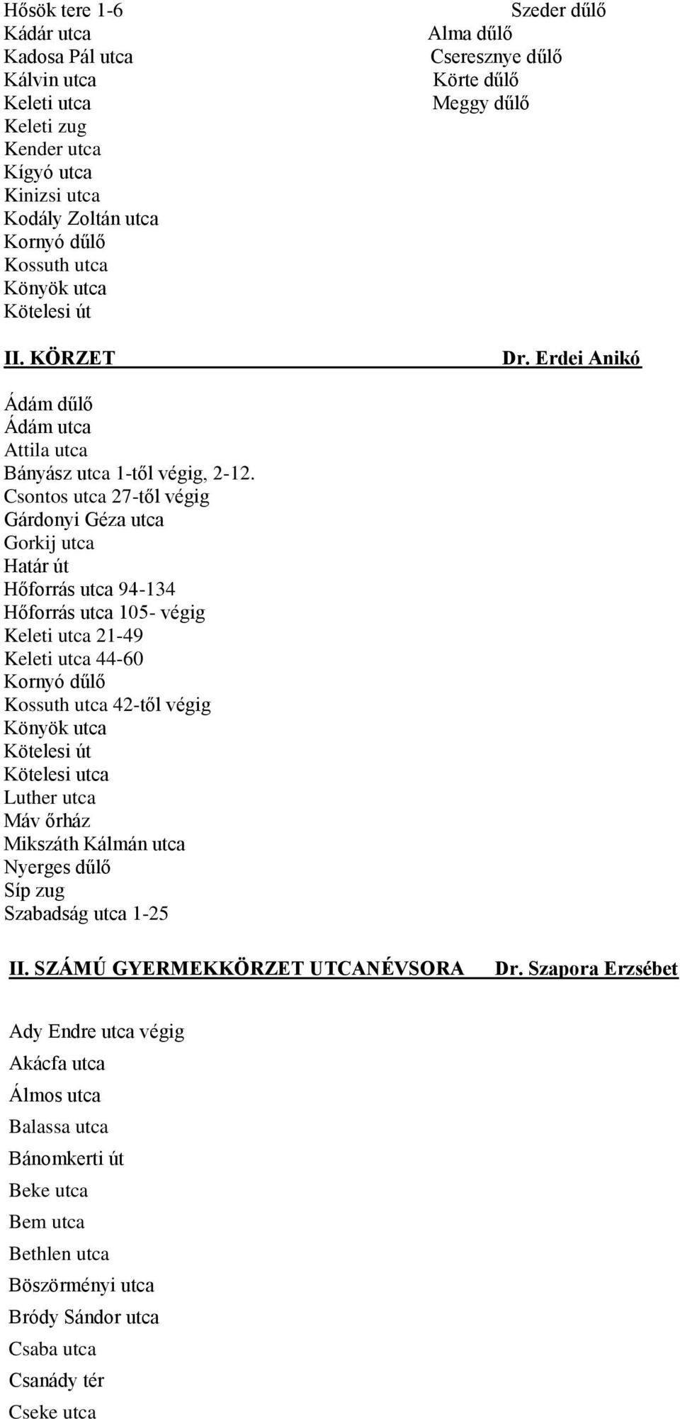 Csontos utca 27-től végig Gárdonyi Géza utca Gorkij utca Határ út Hőforrás utca 94-134 Hőforrás utca 105- végig Keleti utca 21-49 Keleti utca 44-60 Kornyó dűlő Kossuth utca 42-től végig Könyök utca