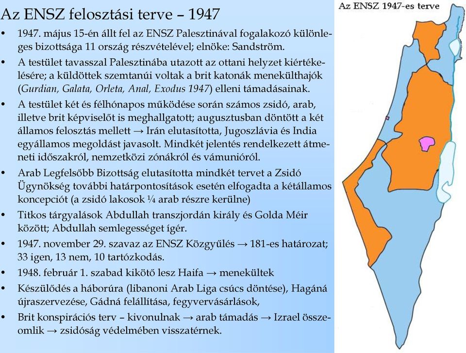 A testület két és félhónapos működése során számos zsidó, arab, illetve brit képviselőt is meghallgatott; augusztusban döntött a két államos felosztás mellett Irán elutasította, Jugoszlávia és India