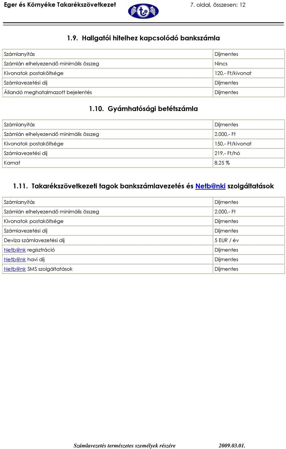 120,- Ft/kivonat 1.10. Gyámhatósági betétszámla Számlanyitás Számlán elhelyezendı minimális összeg 2.