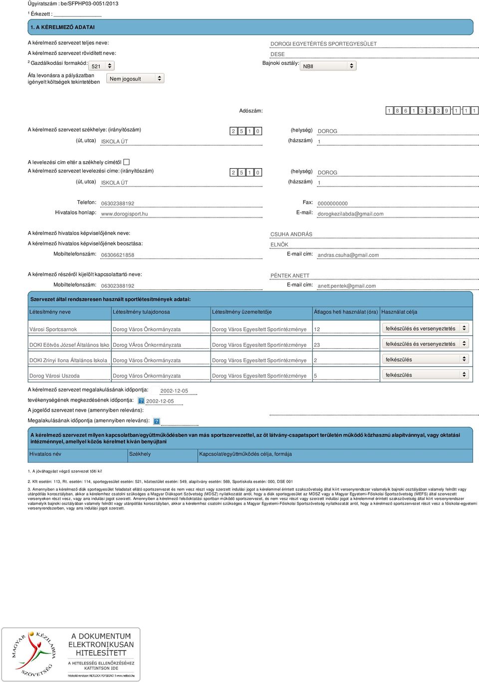 tekintetében Nem jogosult DOROGI EGYETÉRTÉS SPORTEGYESÜLET DESE Adószám: 1 8 6 1 3 3 3 9-1 - 1 1 A kérelmező szervezet székhelye: (irányítószám) 2 5 1 0 (helység) DOROG (út, utca) ISKOLA ÚT (házszám)