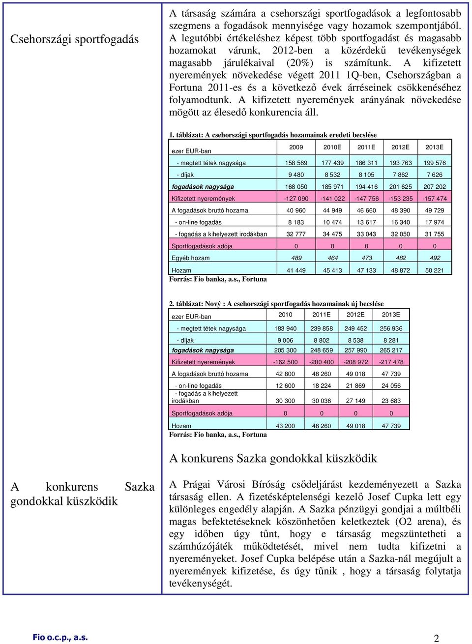 A kifizetett nyeremények növekedése végett 2011 1Q-ben, Csehországban a Fortuna 2011-es és a következı évek árréseinek csökkenéséhez folyamodtunk.