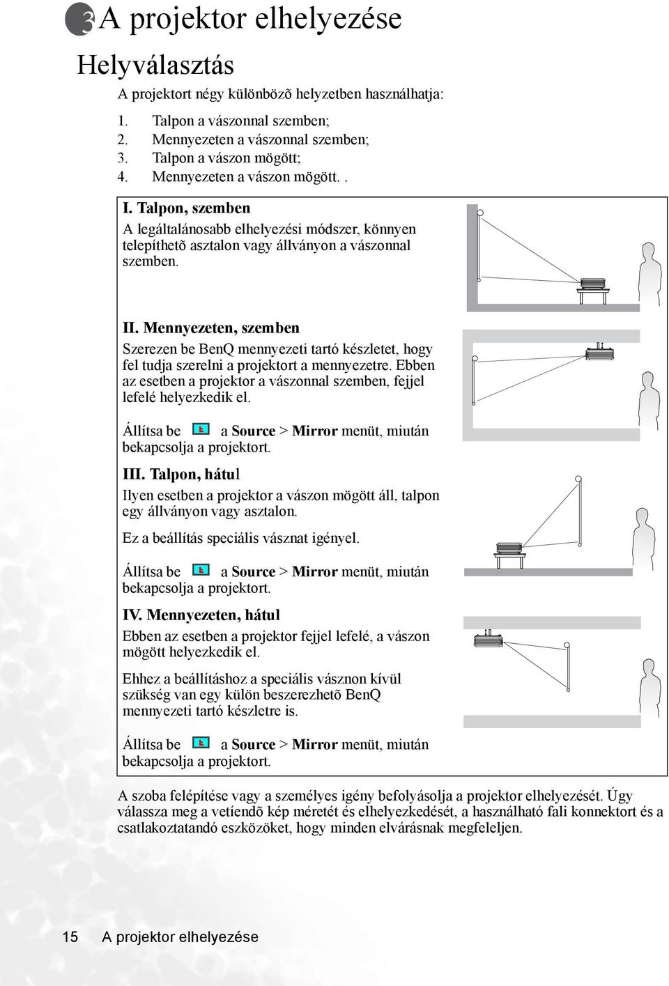 Mennyezeten, szemben Szerezen be BenQ mennyezeti tartó készletet, hogy fel tudja szerelni a projektort a mennyezetre. Ebben az esetben a projektor a vászonnal szemben, fejjel lefelé helyezkedik el.