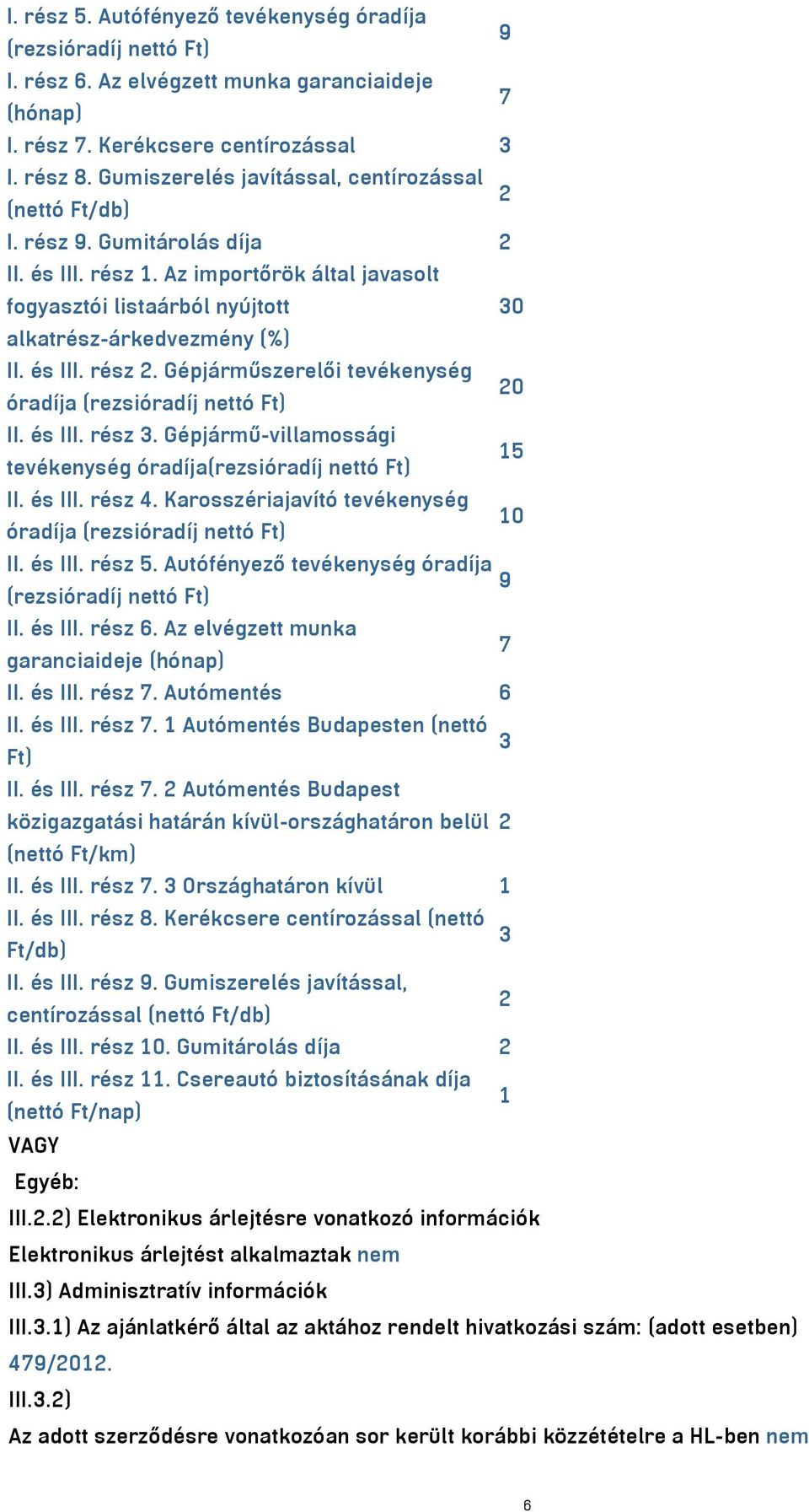 és III. rész 2. Gépjárműszerelői tevékenység 20 óradíja (rezsióradíj nettó Ft) II. és III. rész 3. Gépjármű-villamossági 15 tevékenység óradíja(rezsióradíj nettó Ft) II. és III. rész 4.