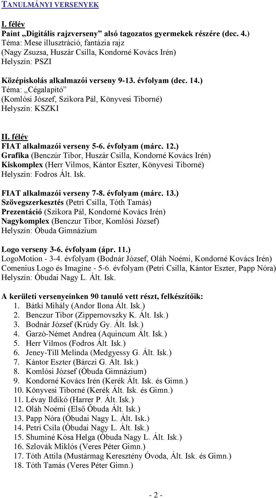 ) Téma: Cégalapító (Komlósi Jószef, Szikora Pál, Könyvesi Tiborné) Helyszín: KSZKI II. félév FIAT alkalmazói verseny 5-6. évfolyam (márc. 12.