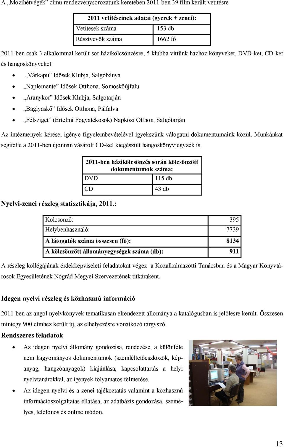 Somoskőújfalu Aranykor Idősek Klubja, Salgótarján Baglyaskő Idősek Otthona, Pálfalva Félsziget (Értelmi Fogyatékosok) Napközi Otthon, Salgótarján Az intézmények kérése, igénye figyelembevételével