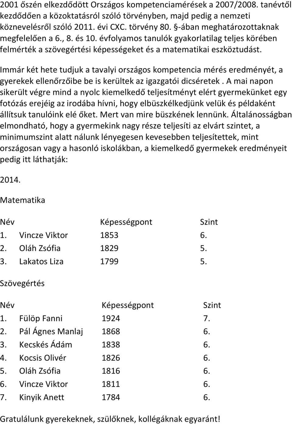 Immár két hete tudjuk a tavalyi országos kompetencia mérés eredményét, a gyerekek ellenőrzőibe be is kerültek az igazgatói dicséretek.