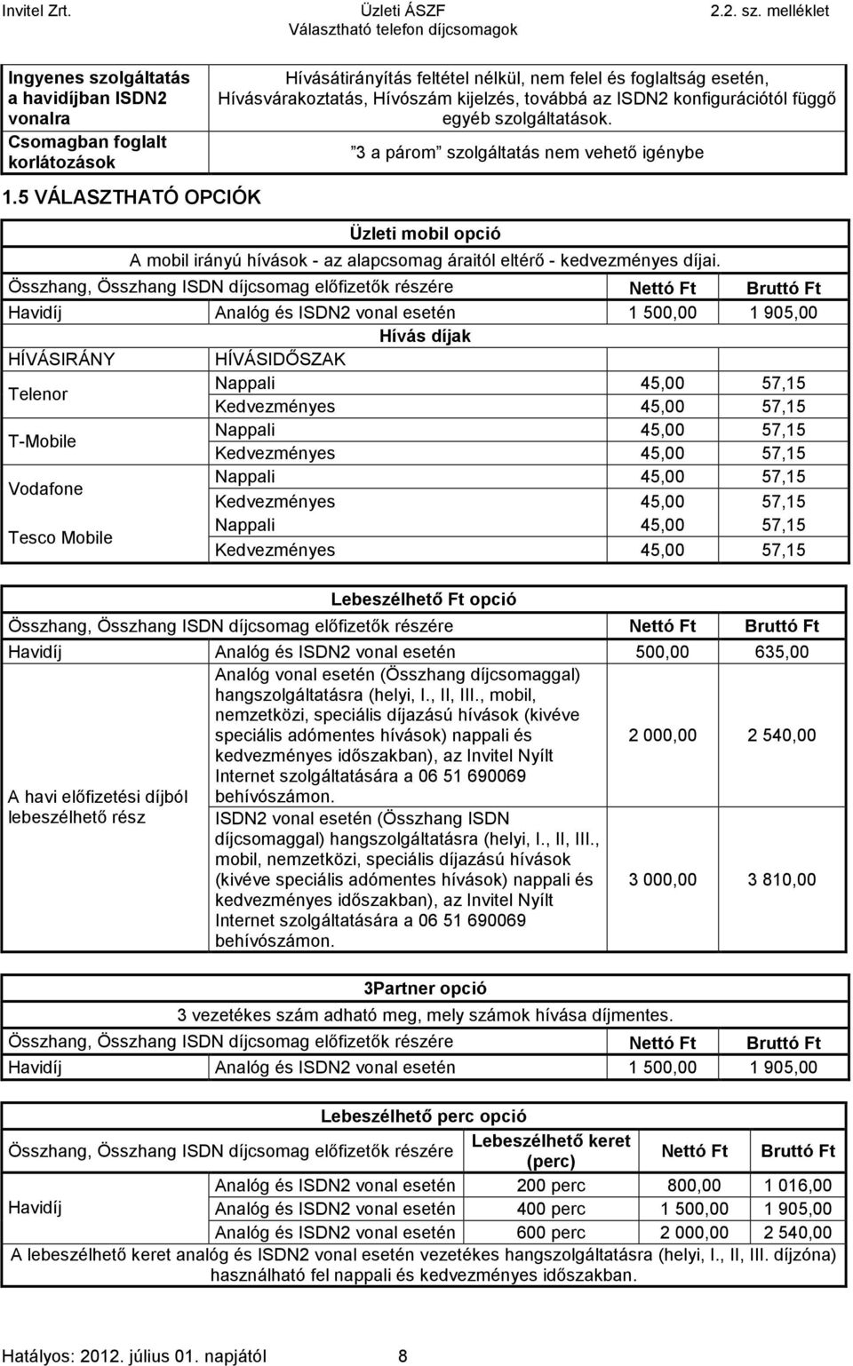 3 a párom szolgáltatás nem vehető igénybe Üzleti opció A irányú hívások - az alapcsomag áraitól eltérő - kedvezményes díjai.
