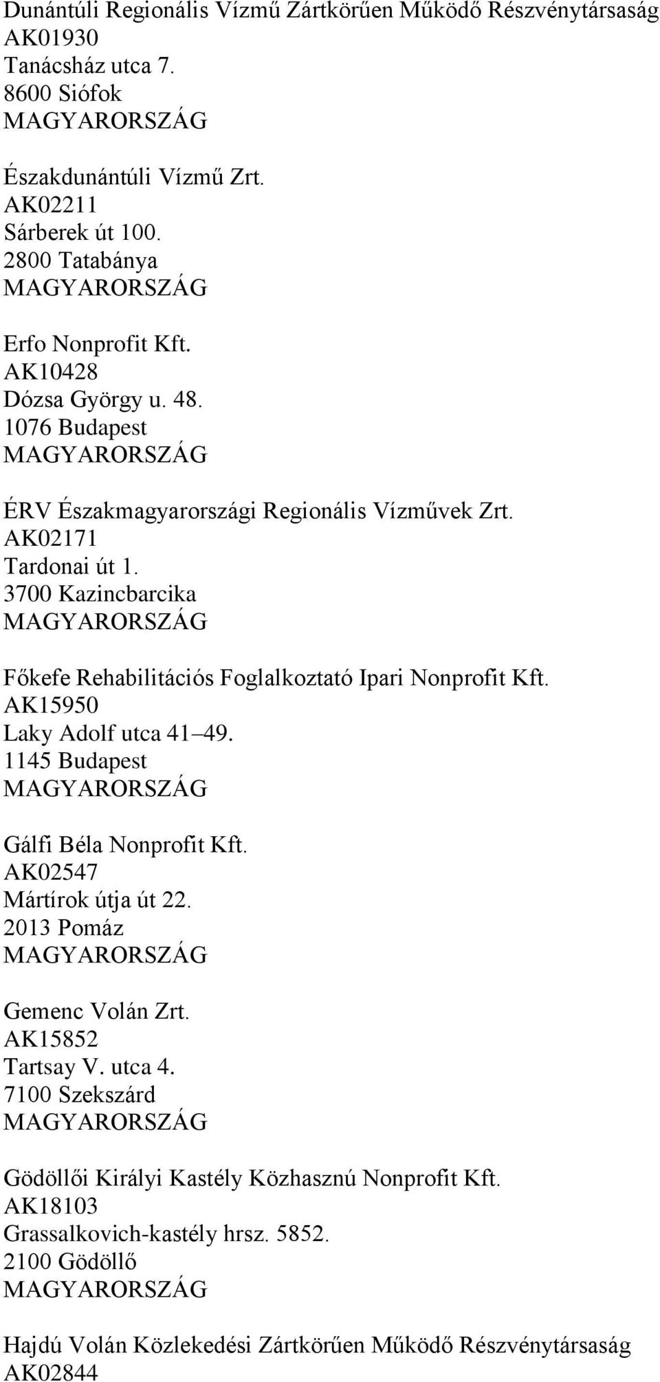 3700 Kazincbarcika Főkefe Rehabilitációs Foglalkoztató Ipari Nonprofit Kft. AK15950 Laky Adolf utca 41 49. 1145 Budapest Gálfi Béla Nonprofit Kft. AK02547 Mártírok útja út 22.