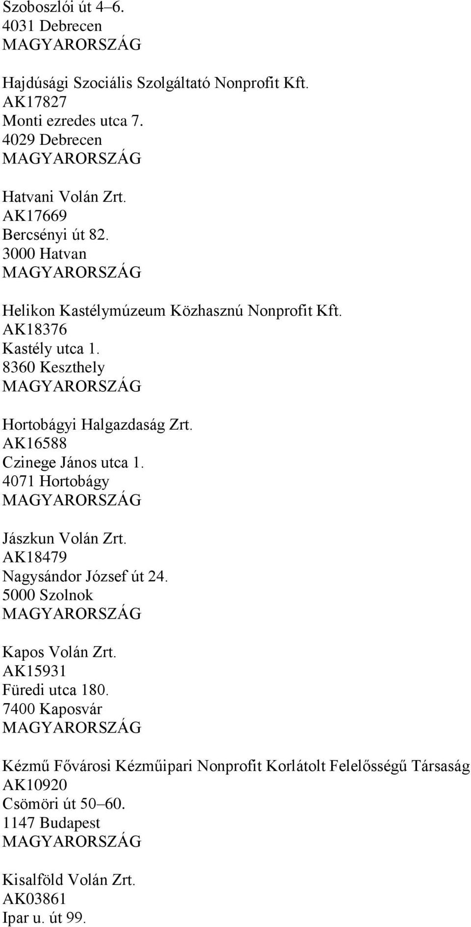 AK16588 Czinege János utca 1. 4071 Hortobágy Jászkun Volán Zrt. AK18479 Nagysándor József út 24. 5000 Szolnok Kapos Volán Zrt. AK15931 Füredi utca 180.