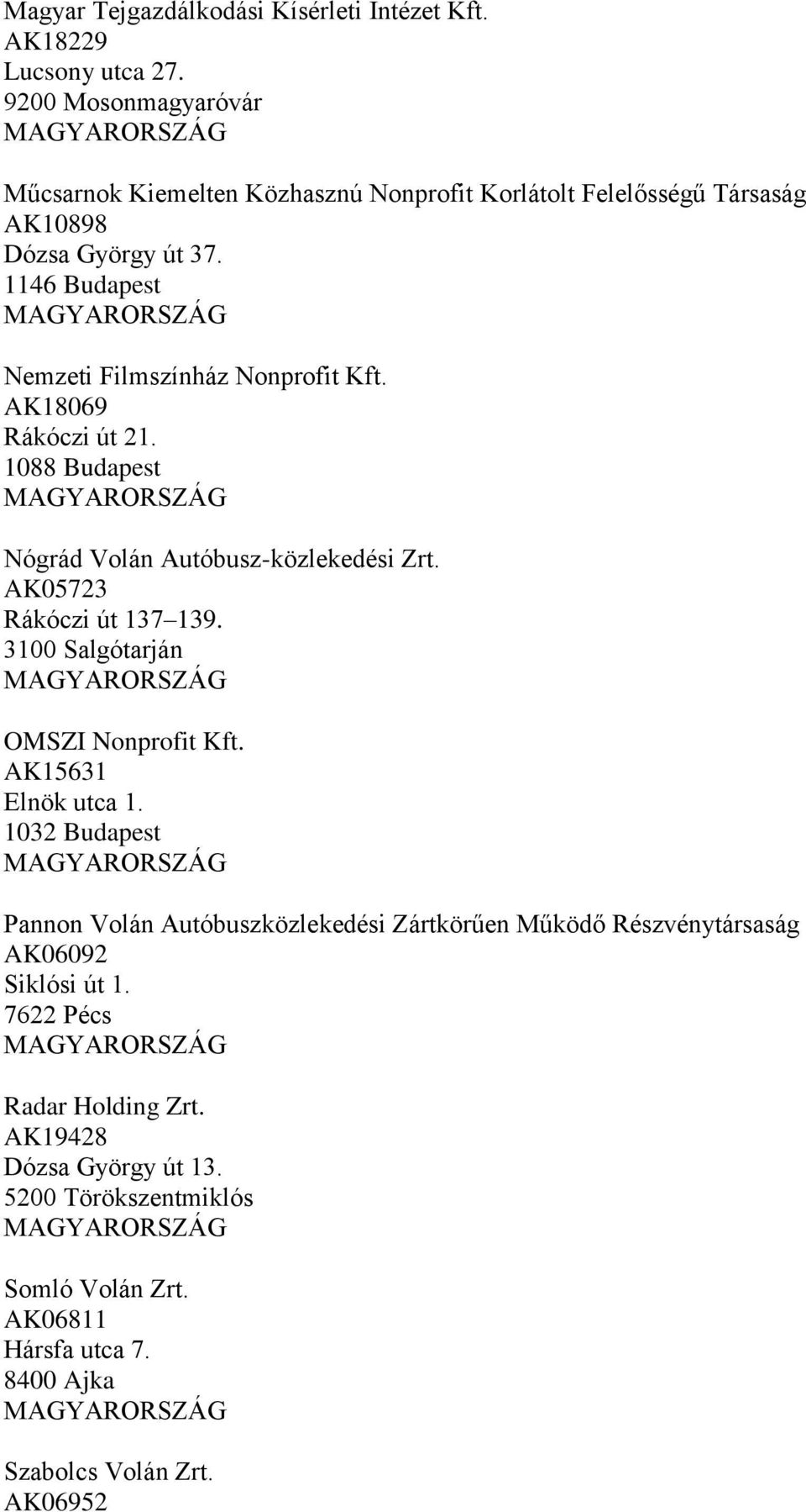 1146 Budapest Nemzeti Filmszínház Nonprofit Kft. AK18069 Rákóczi út 21. 1088 Budapest Nógrád Volán Autóbusz-közlekedési Zrt. AK05723 Rákóczi út 137 139.