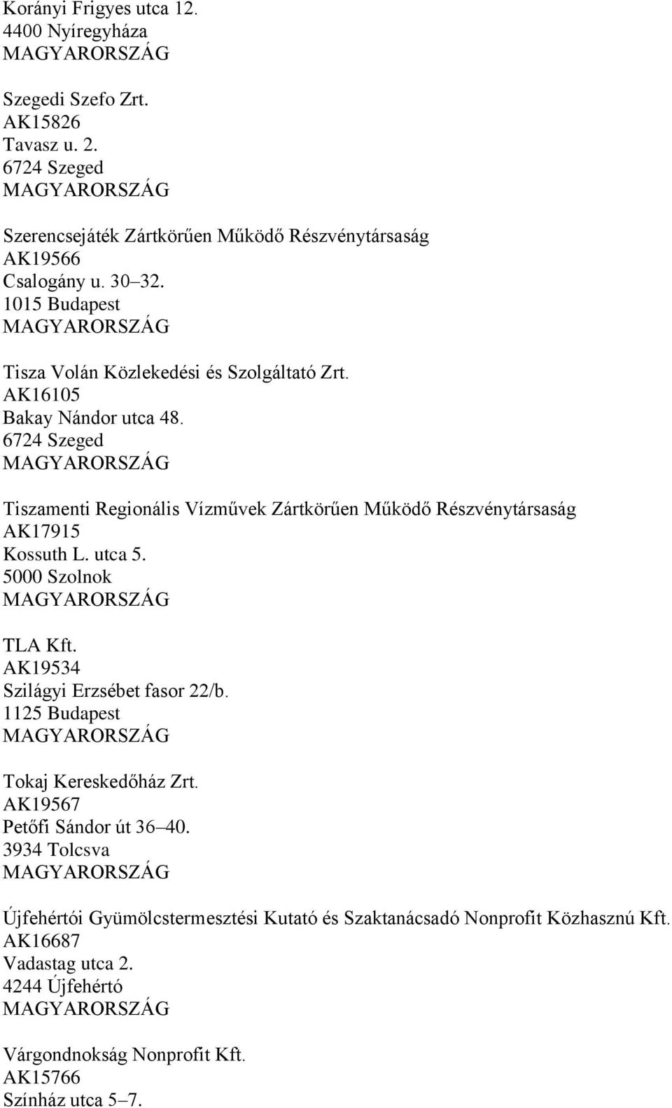 6724 Szeged Tiszamenti Regionális Vízművek Zártkörűen Működő Részvénytársaság AK17915 Kossuth L. utca 5. 5000 Szolnok TLA Kft. AK19534 Szilágyi Erzsébet fasor 22/b.