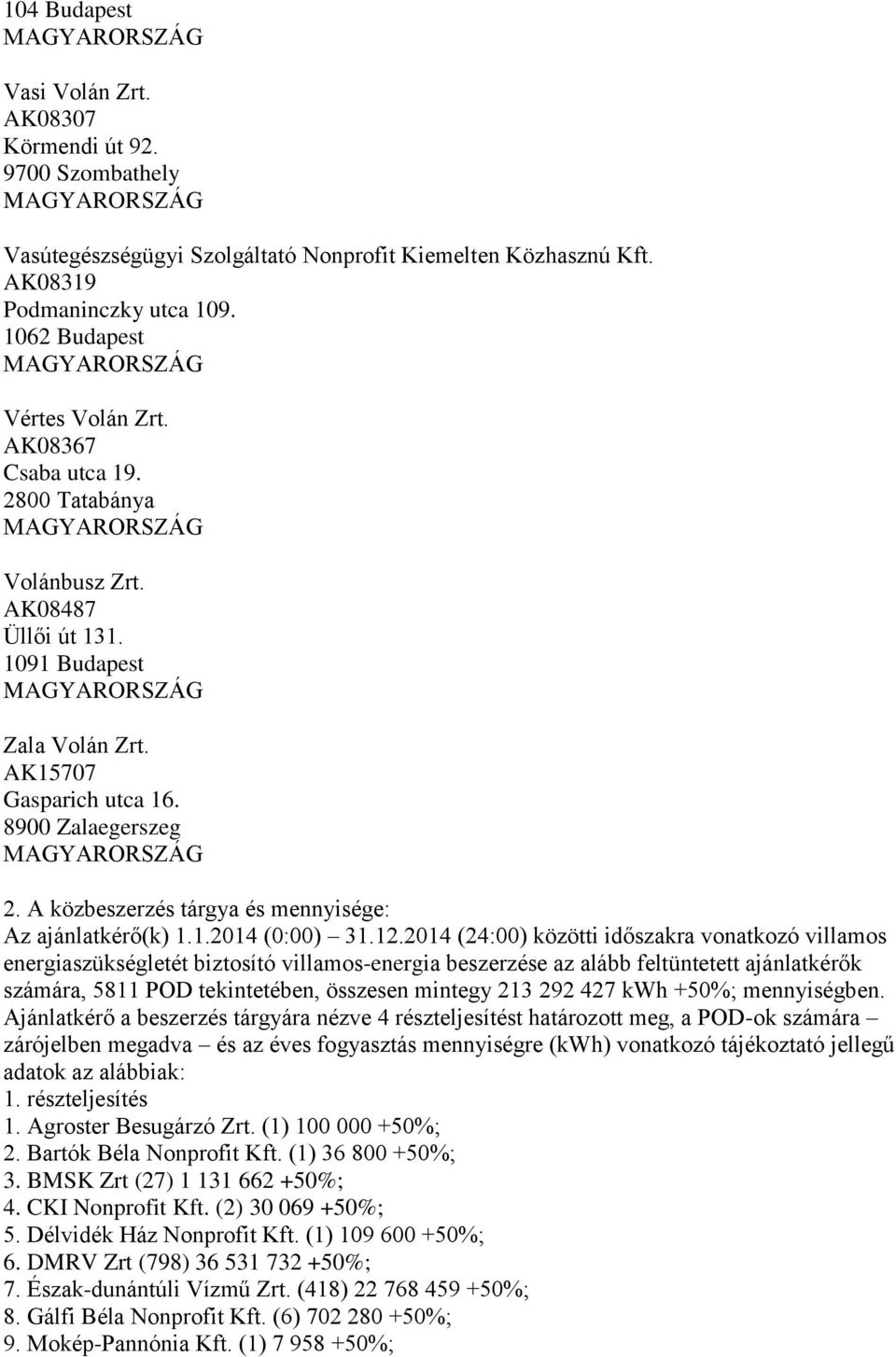 A közbeszerzés tárgya és mennyisége: Az ajánlatkérő(k) 1.1.2014 (0:00) 31.12.