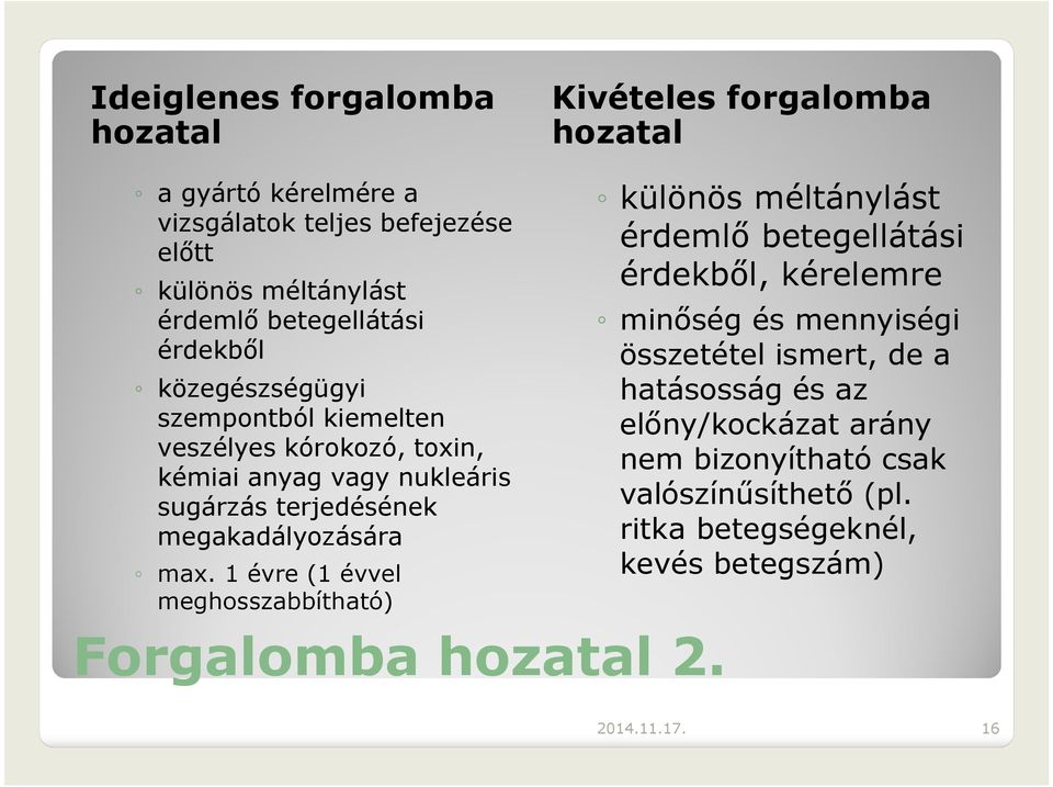 1 évre(1 évvel meghosszabbítható) Kivételes forgalomba hozatal különös méltánylást érdemlő betegellátási érdekből, kérelemre minőség és mennyiségi