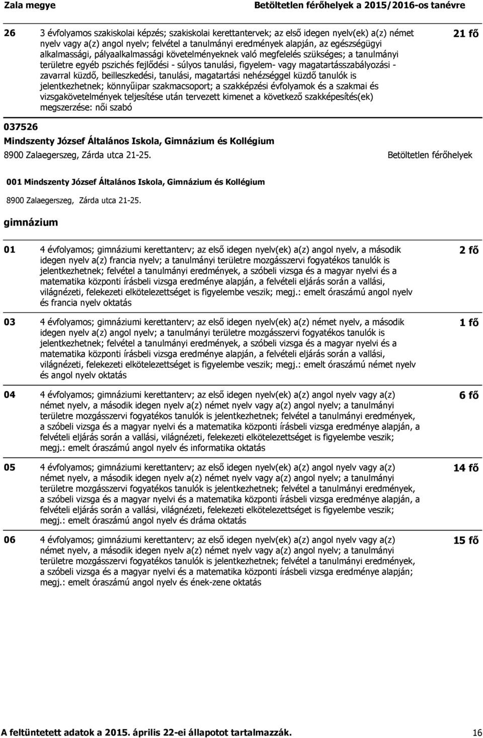 gimnázium 01 03 04 05 06 4 évfolyamos; gimnáziumi kerettanterv; az első idegen nyelv(ek) a(z) angol nyelv, a második idegen nyelv a(z) francia nyelv; a tanulmányi területre mozgásszervi fogyatékos