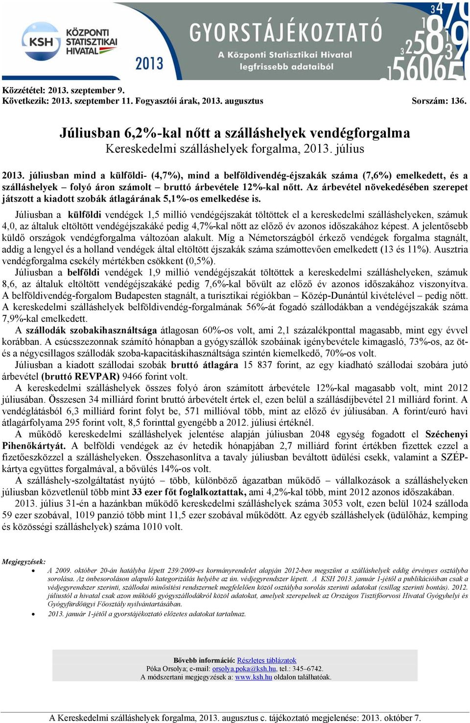 júliusban mind a külföldi- (4,7%), mind a belföldivendég-éjszakák száma (7,6%) emelkedett, és a szálláshelyek folyó áron számolt bruttó árbevétele 12%-kal nőtt.