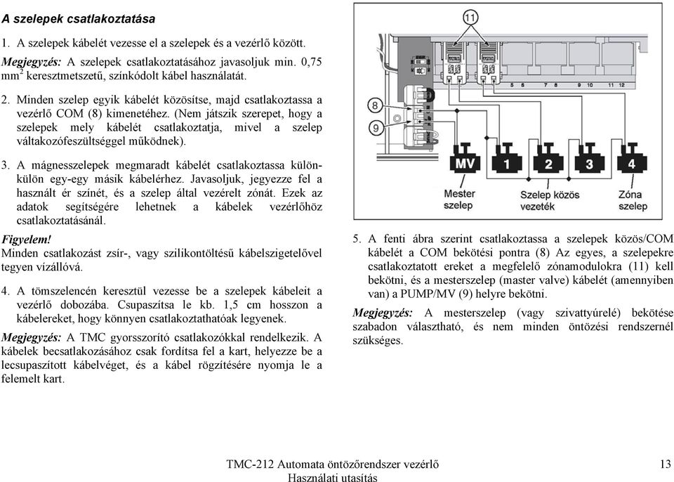 (Nem játszik szerepet, hogy a szelepek mely kábelét csatlakoztatja, mivel a szelep váltakozófeszültséggel működnek). 3.