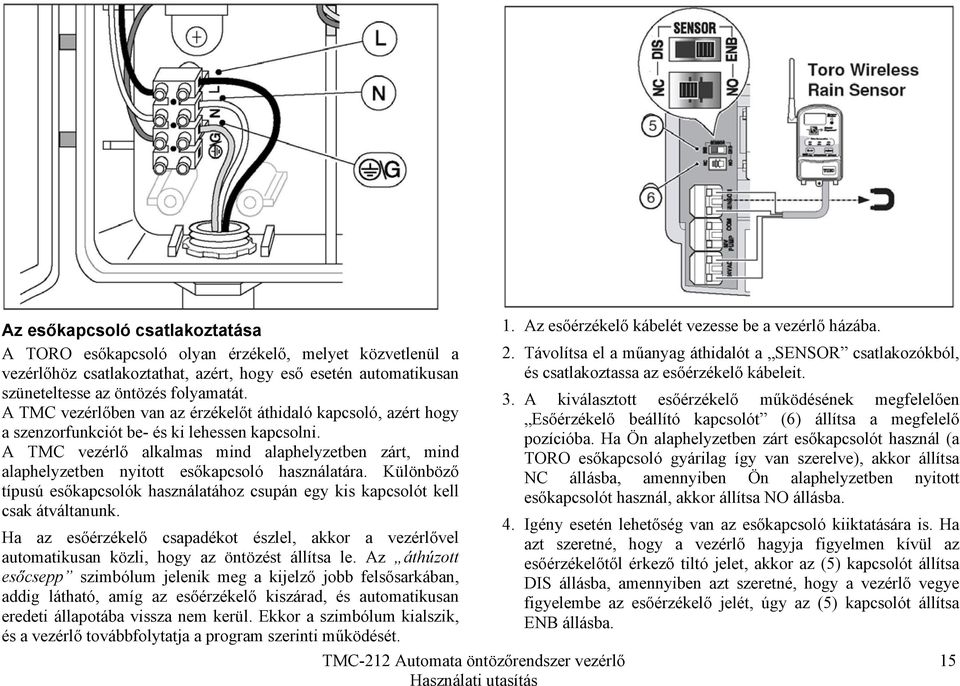 A TMC vezérlő alkalmas mind alaphelyzetben zárt, mind alaphelyzetben nyitott esőkapcsoló használatára. Különböző típusú esőkapcsolók használatához csupán egy kis kapcsolót kell csak átváltanunk.