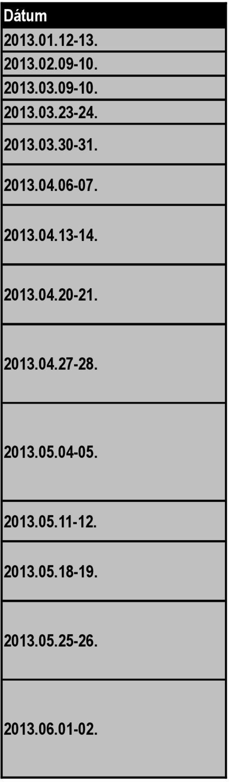 2013.04.27-28. 2013.05.04-05. 2013.05.11-12. 2013.05.18-19.