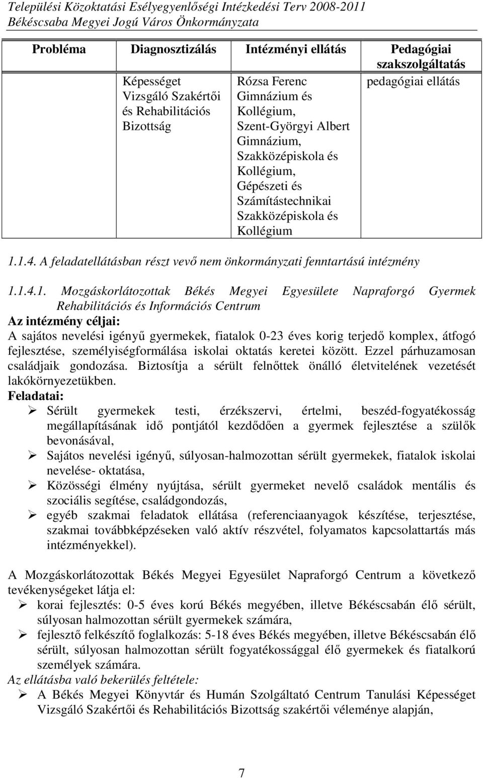 1.4. A feladatellátásban részt vevı nem önkormányzati fenntartású intézmény 1.1.4.1. Mozgáskorlátozottak Békés Megyei Egyesülete Napraforgó Gyermek Rehabilitációs és Információs Centrum Az intézmény