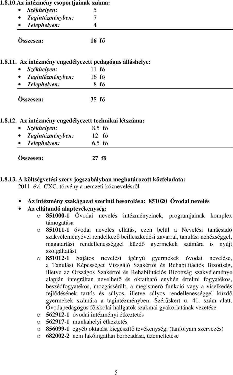 Az intézmény engedélyezett technikai létszáma: Székhelyen: 8,5 fő Tagintézményben: 12 fő Telephelyen: 6,5 fő Összesen: 27 fő 1.8.13.