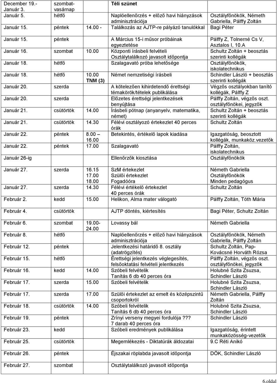 00 Központi írásbeli felvételi Osztálytalálkozó javasolt időpontja + beosztás szerinti kollégák Január 18. hétfő Szalagavató próba lehetősége, iskolatechnikus Január 18. hétfő 10.