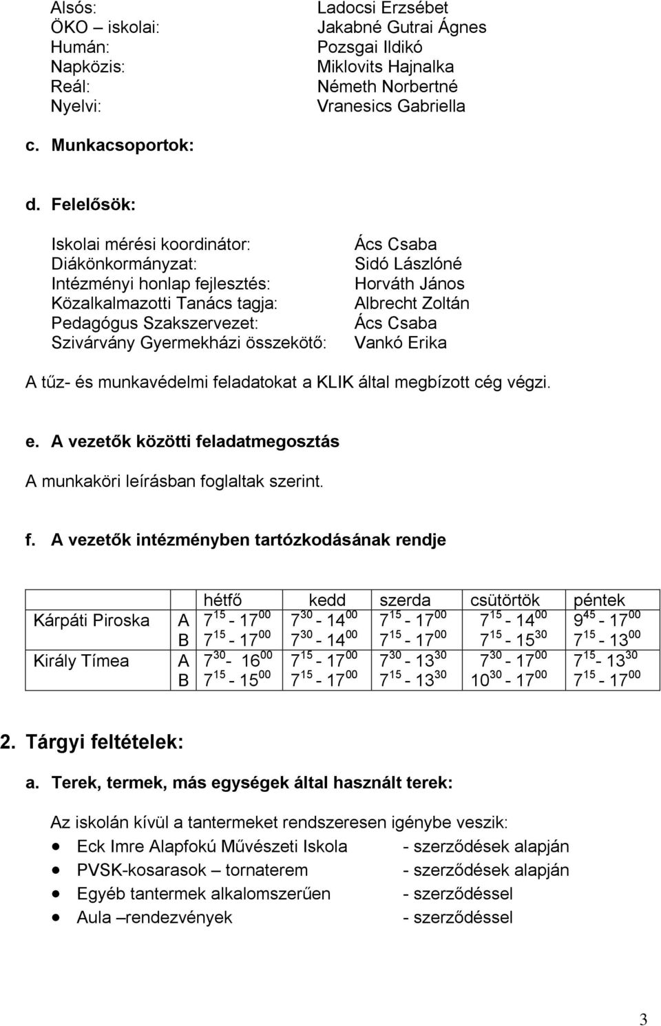 Horváth János Albrecht Zoltán Ács Csaba Vankó Erika A tűz- és munkavédelmi feladatokat a KLIK által megbízott cég végzi. e. A vezetők közötti feladatmegosztás A munkaköri leírásban foglaltak szerint.