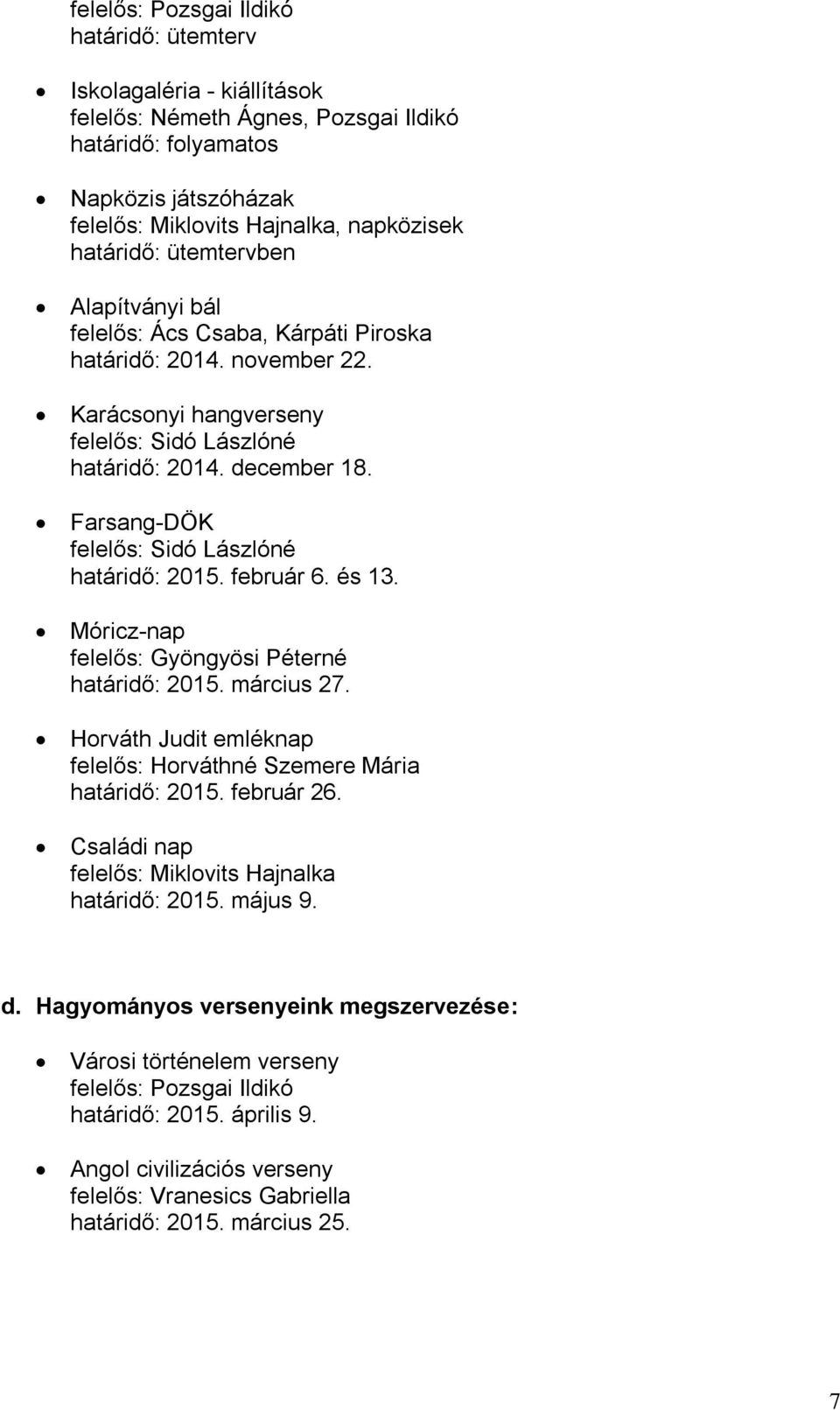 Farsang-DÖK felelős: Sidó Lászlóné határidő: 2015. február 6. és 13. Móricz-nap felelős: Gyöngyösi Péterné határidő: 2015. március 27.