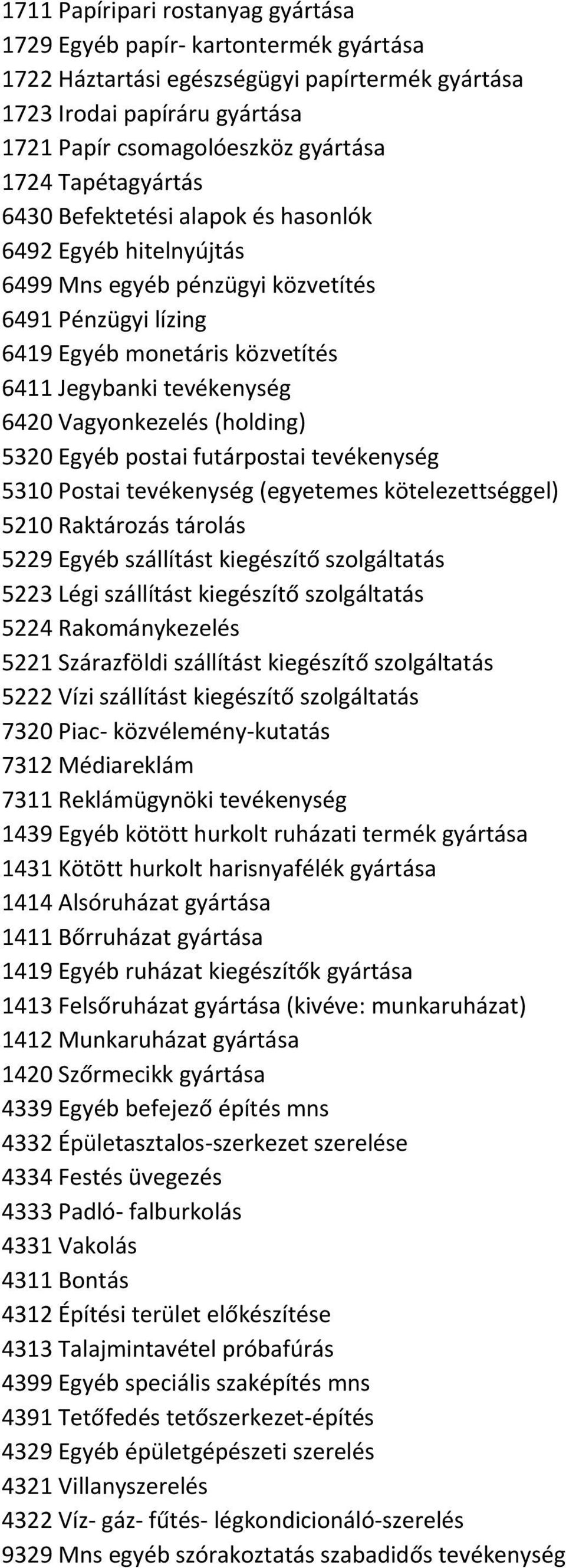 Vagyonkezelés (holding) 5320 Egyéb postai futárpostai tevékenység 5310 Postai tevékenység (egyetemes kötelezettséggel) 5210 Raktározás tárolás 5229 Egyéb szállítást kiegészítő szolgáltatás 5223 Légi