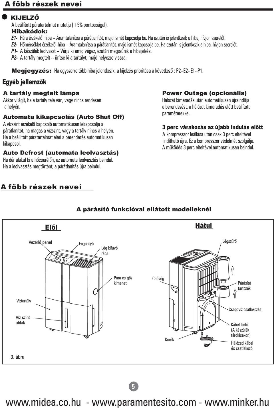 P1- A készülék leolvaszt -- Várja ki amig végez, ezután megszűnik a hibajelzés. P2- A tartály megtelt -- ürítse ki a tartályt, majd helyezze vissza.