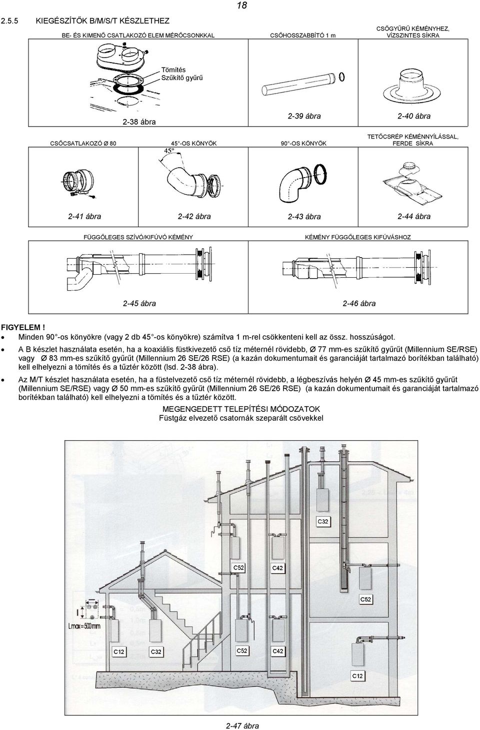 80 45 -OS KÖNYÖK 90 -OS KÖNYÖK TETŐCSRÉP KÉMÉNNYÍLÁSSAL, FERDE SÍKRA 2-41 ábra 2-42 ábra 2-43 ábra 2-44 ábra FÜGGŐLEGES SZÍVÓ/KIFÚVÓ KÉMÉNY KÉMÉNY FÜGGŐLEGES KIFÚVÁSHOZ 2-45 ábra 2-46 ábra FIGYELEM!
