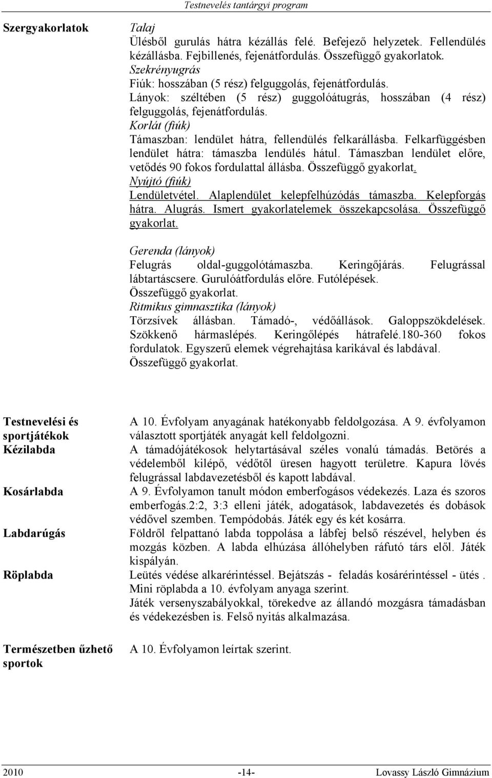 Korlát (fiúk) Támaszban: lendület hátra, fellendülés felkarállásba. Felkarfüggésben lendület hátra: támaszba lendülés hátul. Támaszban lendület előre, vetődés 90 fokos fordulattal állásba.