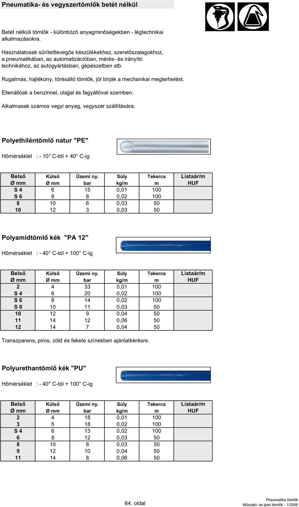 Rugalmas, hajlékony, törésálló töml k, jól bírják a mechanikai megterhelést. Ellenállóak a benzinnel, olajjal és fagyállóval szemben. Alkalmasak számos vegyi anyag, vegyszer szállítására.