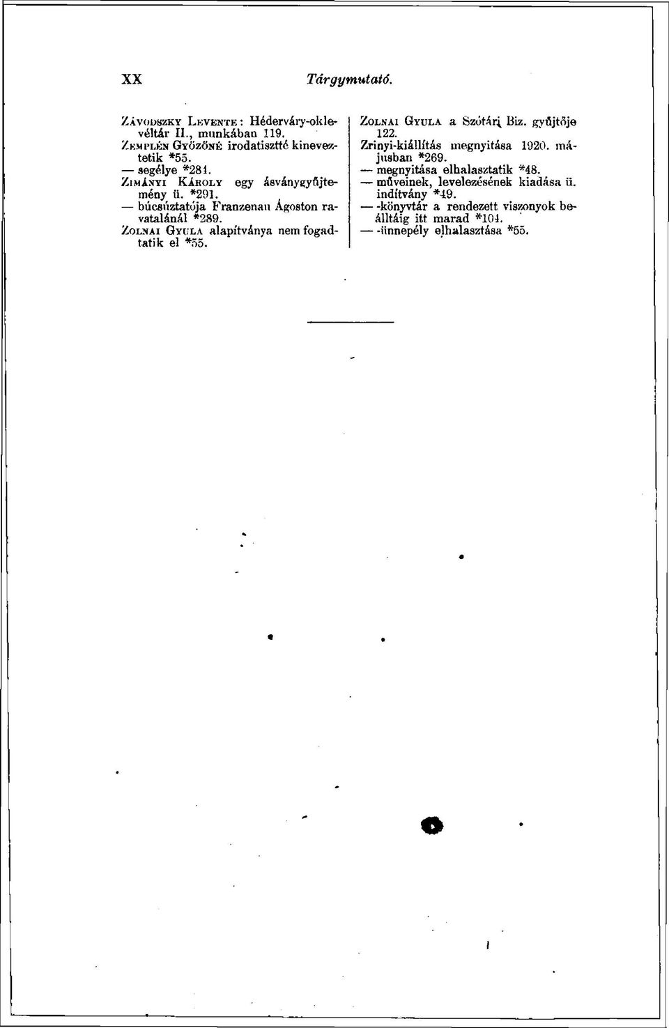 ZOLNAI GYULA alapítványa nem fogadtatik el *55. ZOLNAI GYULA a Szótár^ biz. gyűjtője 122. Zrinyi-kiállítás megnyitása 1920.