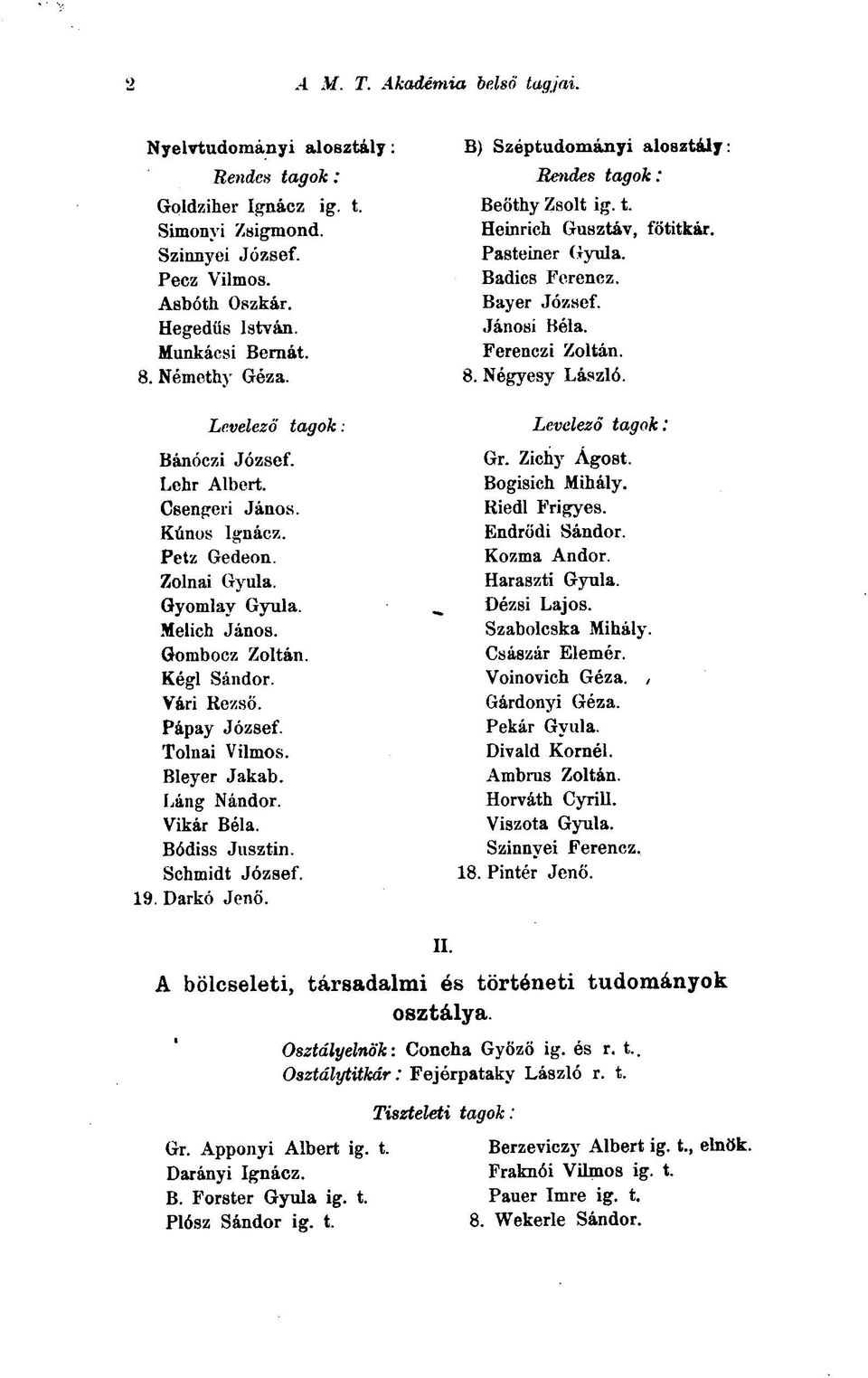 Tolnai Vilmos. Bleyer Jakab. Láng Nándor. Vikár Béla. Bódiss Jusztin. Schmidt József. 19. Darkó Jenő. B) Széptudományi alosztály: Rendes tagok : Beöthy Zsolt ig. t. Heinrich Gusztáv, főtitkár.