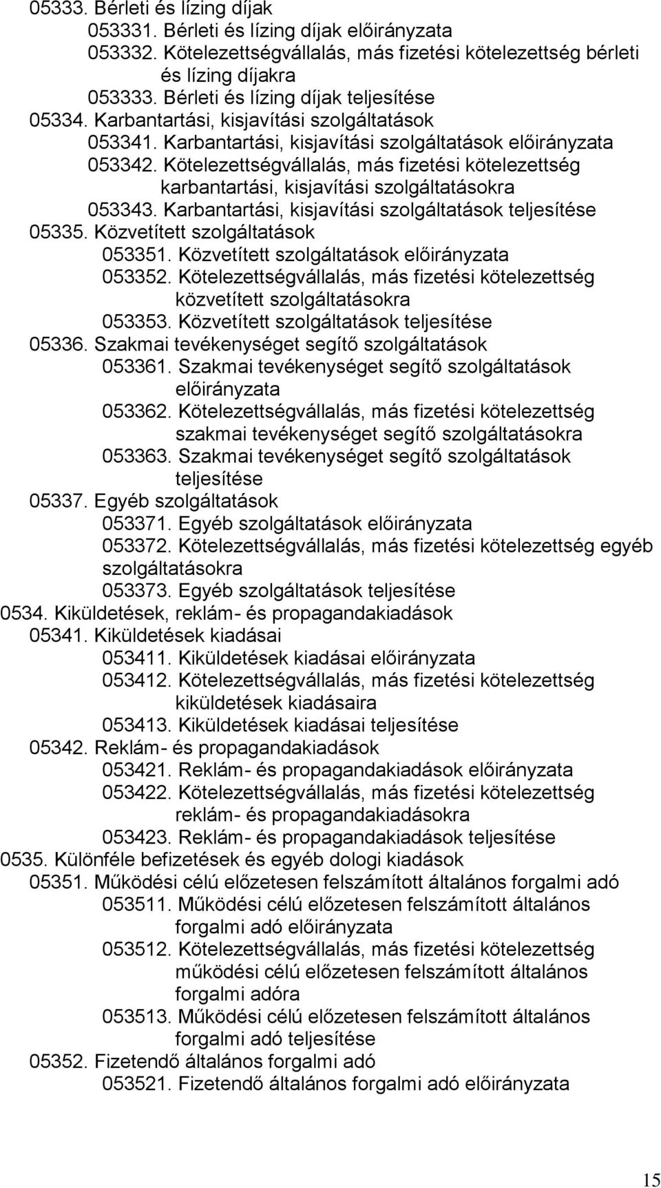 Kötelezettségvállalás, más fizetési kötelezettség karbantartási, kisjavítási szolgáltatásokra 053343. Karbantartási, kisjavítási szolgáltatások teljesítése 05335. Közvetített szolgáltatások 053351.