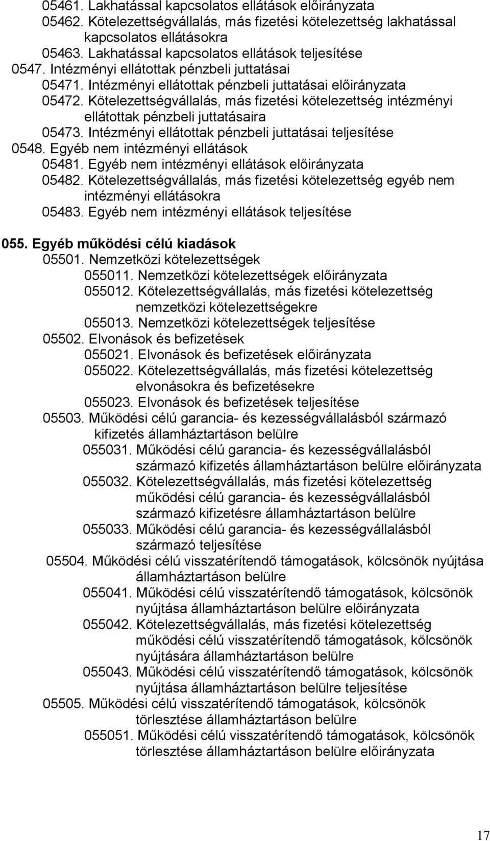 Kötelezettségvállalás, más fizetési kötelezettség intézményi ellátottak pénzbeli juttatásaira 05473. Intézményi ellátottak pénzbeli juttatásai teljesítése 0548. Egyéb nem intézményi ellátások 05481.